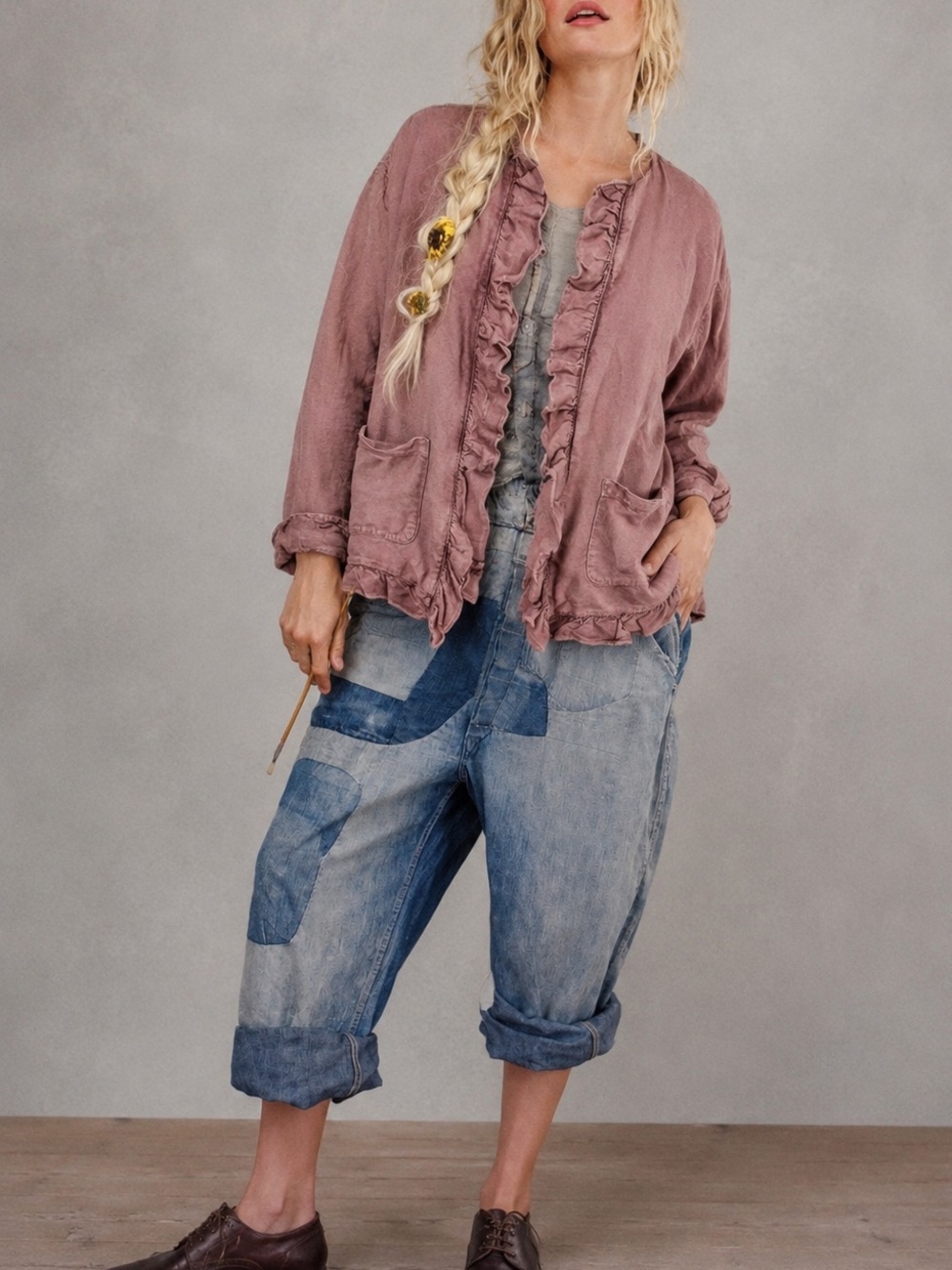 CP Shades Sausalito Pure Irish Linen Cardigan Sz L Ruffle Open Jacket Lagenlook